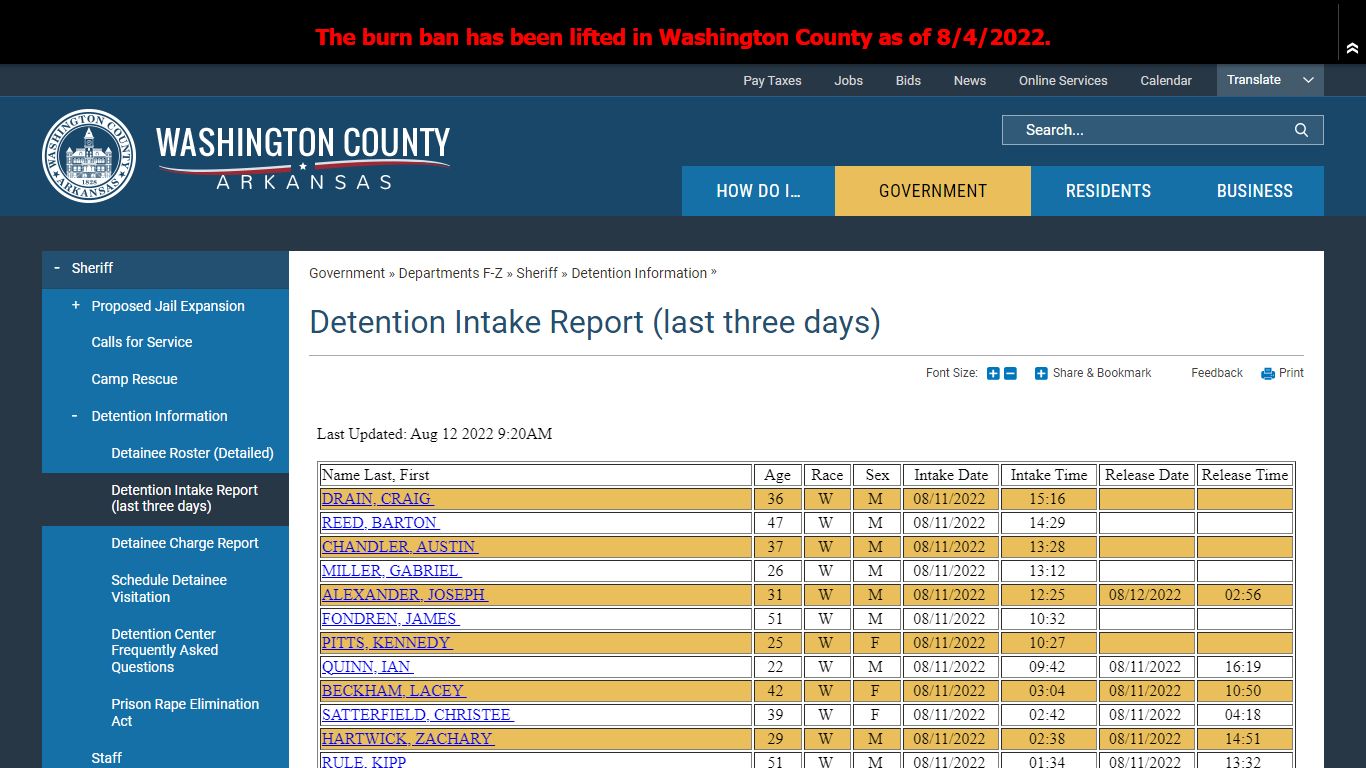 Detention Intake Report (last ... - Washington County, AR